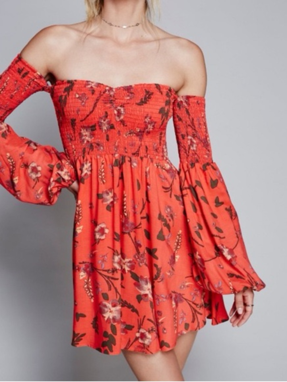 Free People Red Floral Smocked Off-The-Shoulder Mini Dress Size M EUC